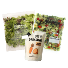 Eikenblad-, krulsla melange zak à 100 gram,
komkommer of radijs rauwkost zak à 150 gram
of zoete dressing stazak à 220 ml